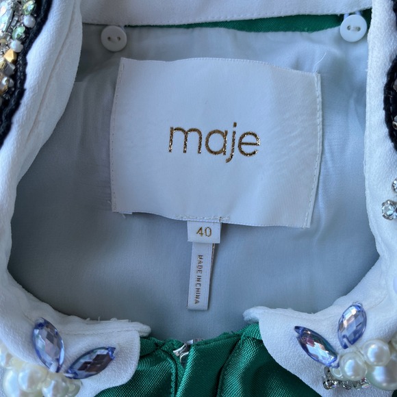 Maje Green Satin Bomber Jacket Beaded Collar Size 40 Alexia Real Housewife Miami - Picture 3 of 8